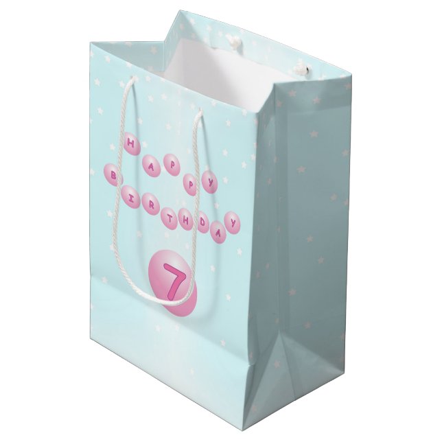Pink Birthday Balls Age 7 Star Backdrop Medium Gift Bag (Front Angled)