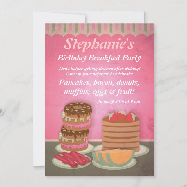 Pink Birthday Breakfast Party Invitations (Front)