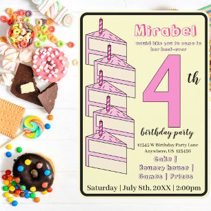 Pink Birthday Cake 4th Birthday Party Kids Invitation