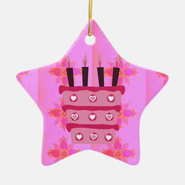 Pink Birthday Cake Art Print Ceramic Tree Decoration (Front)