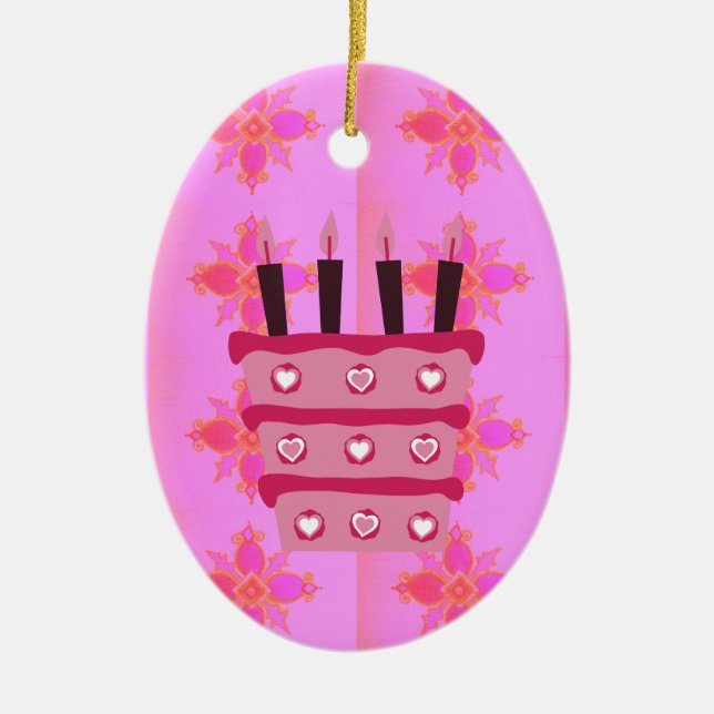 Pink Birthday Cake Art Print Ceramic Tree Decoration (Front)
