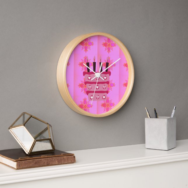 Pink Birthday Cake Art Print Clock (Office)