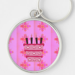 Pink Birthday Cake Art Print Key Ring
