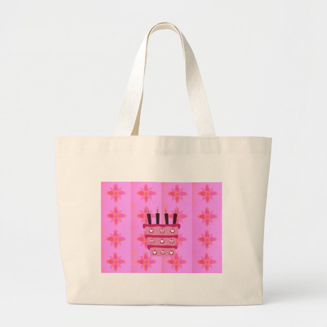 Pink Birthday Cake Art Print Large Tote Bag (Front)
