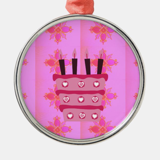 Pink Birthday Cake Art Print Metal Tree Decoration (Front)