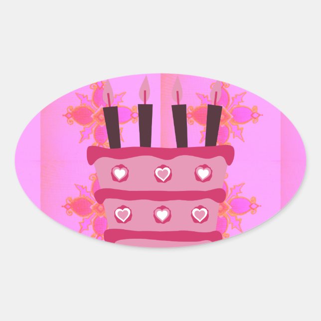 Pink Birthday Cake Art Print Oval Sticker (Front)