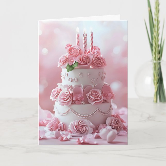Pink Birthday Cake Roses Holiday Card (Front)