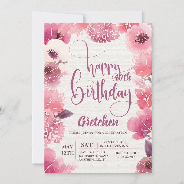 Pink Birthday Floral Invitation (Front)