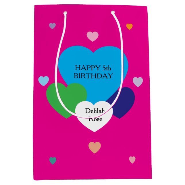 Pink Birthday Gift Bag w/ Hearts, size Medium (Front)