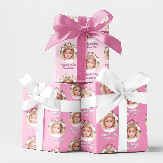 Pink Birthday Girl Princess Tiara Photo  Wrapping Paper Sheet (Pink birthday princess tiara photo wrapping paper.)