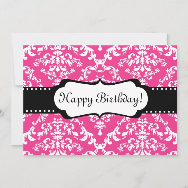 Pink Birthday Invitation Cute Damask Sweet 16 (Front)