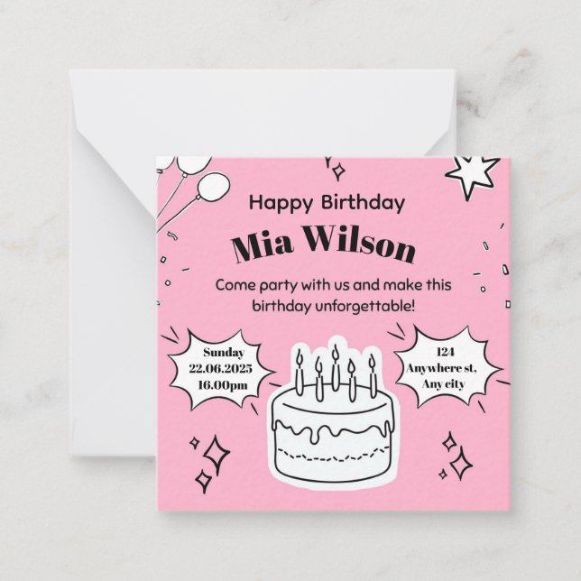 Pink Birthday Invitation with  Cake Illustration (Front)