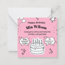 Pink Birthday Invitation with Cake Illustration