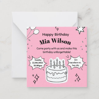 Pink Birthday Invitation with Cake Illustration