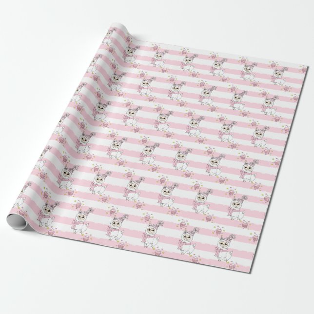 Pink Birthday LLama Cute Wrapping Paper (Unrolled)