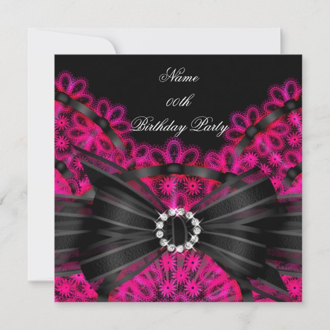Pink Birthday Party Black Lace Diamond Invitation (Front)