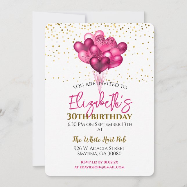 Pink Birthday Party Heart Balloons Invitation (Front)