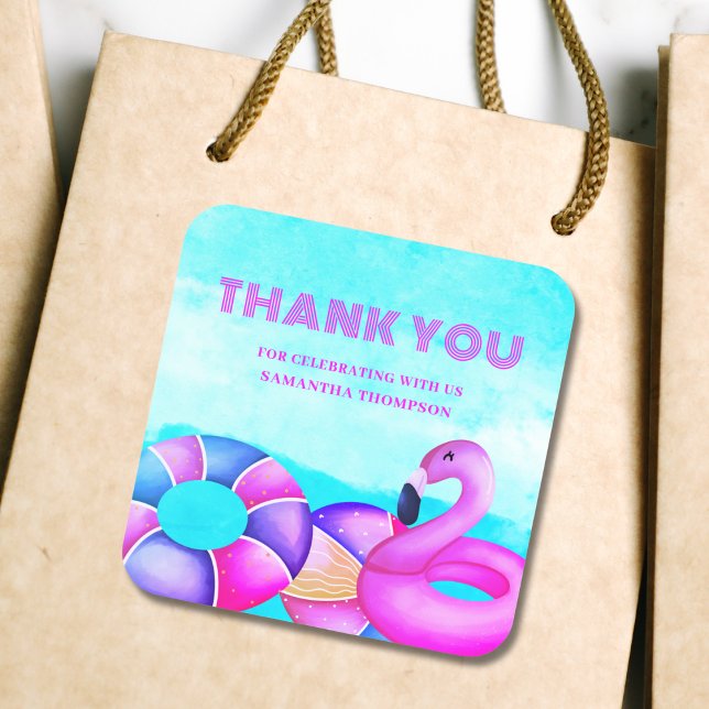 Pink Birthday Pool Party Thank You  Square Sticker (Creator Uploaded)