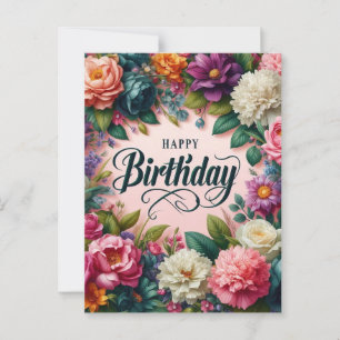 Pink Birthday Postcard : floral design 