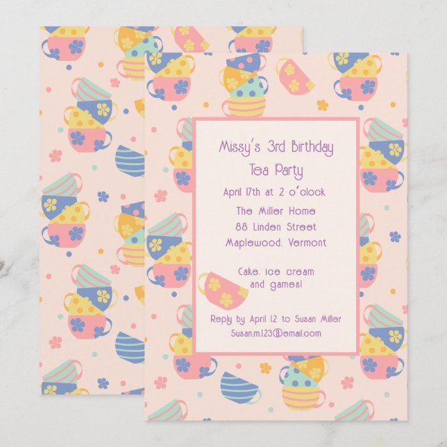 Pink Birthday Tea Party Child Invitation (Front/Back)