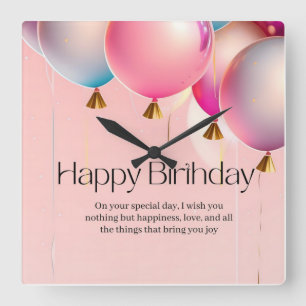 Pink Birthday Wishes Square Wall Clock
