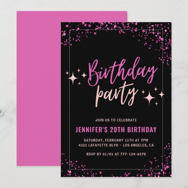 Pink Black 20th birthday invitations Party Glam (Front/Back)