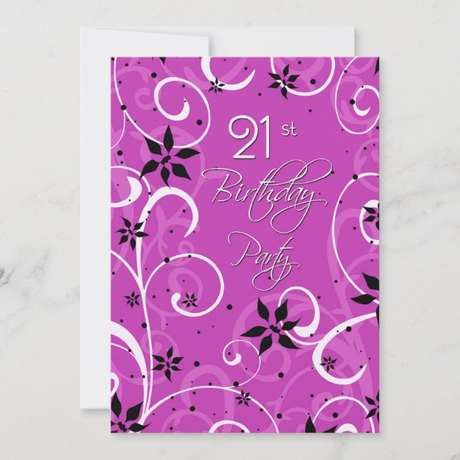 Pink Black 21st Birthday Party Invitation Card (Front)