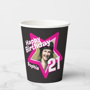 Pink black 21st birthday photo personalised paper cups