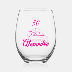 Pink Black 50 & Fabulous 50th Birthday Stemless Wine Glass