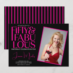 Pink Black 50 & Fabulous Elegant Stripes Birthday Invitation