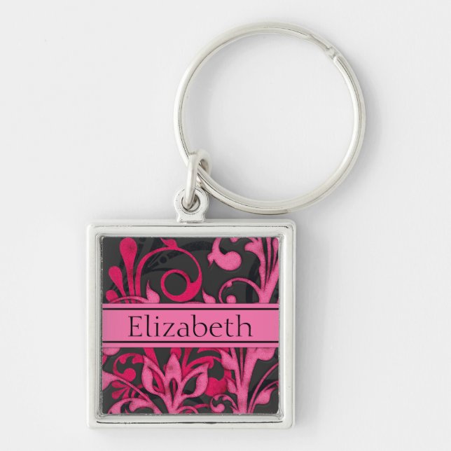 Pink Black Abstract Floral Custom Name Keychain (Front)