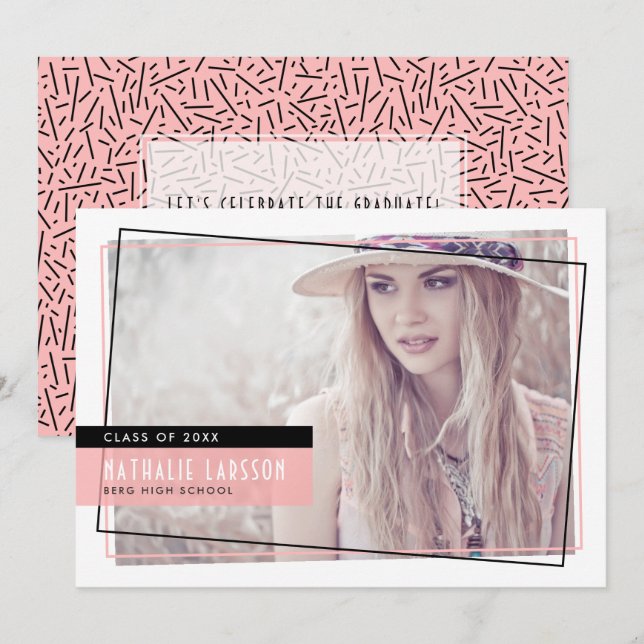 Pink & Black Abstract Frame Photo Graduation Invitation (Front/Back)