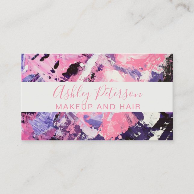 Pink black acrylic brushstrokes modern hair makeup business card (Front)