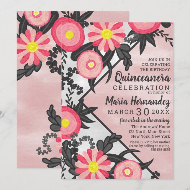 Pink Black Acrylic Floral Watercolor Quinceañera Invitation (Front/Back)