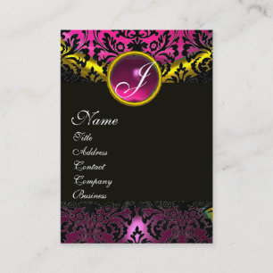 PINK BLACK AMETHYST DAMASK MONOGRAM ,fuchsia gold Business Card