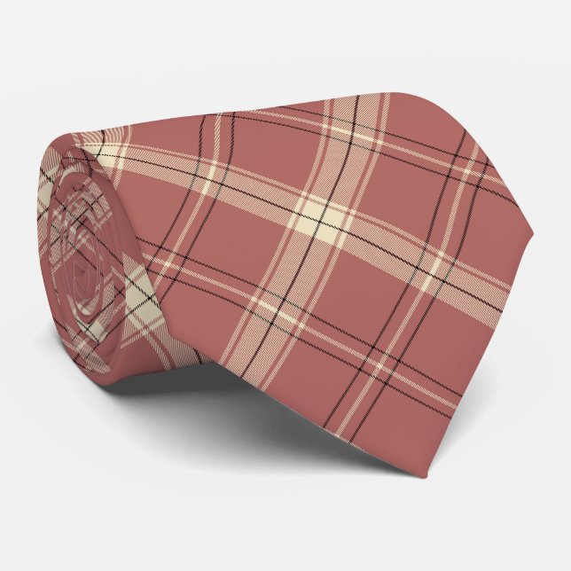 Pink Black and Beige Elegant Plaid Tie (Rolled)