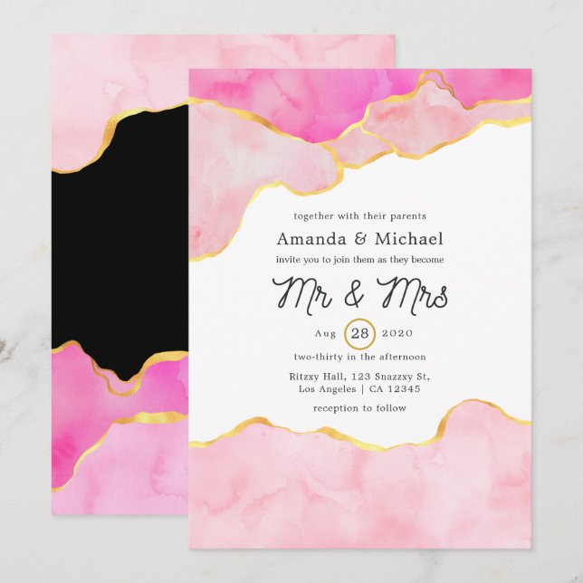 Pink, Black and Gold Agate Wedding Invitation (Front/Back)