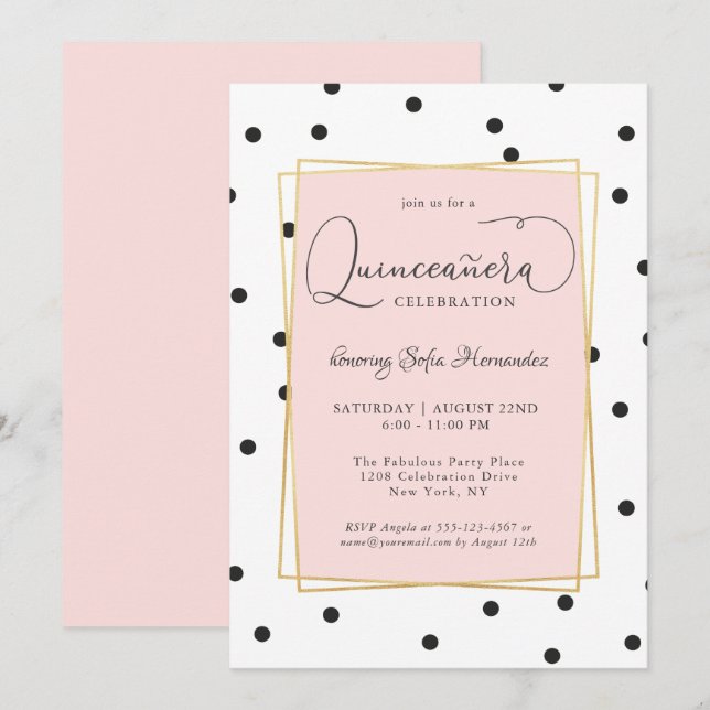 Pink Black and Gold Confetti Dots Quinceanera Invitation (Front/Back)