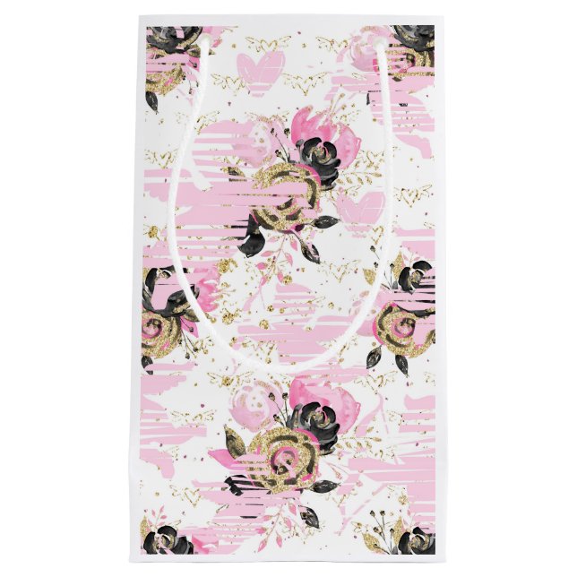 Pink, Black and Gold Floral Gift Bag (Front)