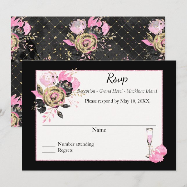 Pink, black and gold floral Rsvp. Invitation (Front/Back)