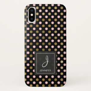 Pink, Black and Gold Foil Polka Dot Monogram iPhone X Case