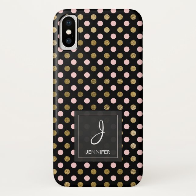Pink, Black and Gold Foil Polka Dot Monogram Case-Mate iPhone Case (Back)