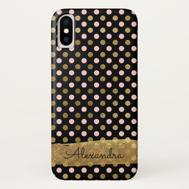 Pink, Black and Gold Foil Polka Dot Name Case-Mate iPhone Case (Back)