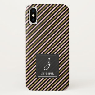 Pink, Black and Gold Foil Striped Monogram iPhone X Case
