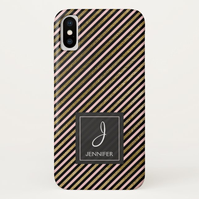 Pink, Black and Gold Foil Striped Monogram Case-Mate iPhone Case (Back)