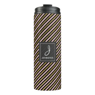 Pink, Black and Gold Foil Striped Pattern Monogram Thermal Tumbler