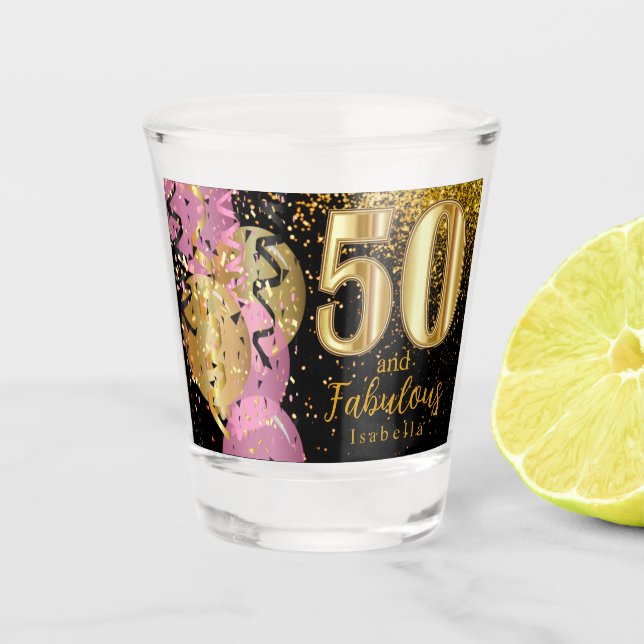 Pink, Black and Gold Glitter 50th Birthday Shot Glass (Front)