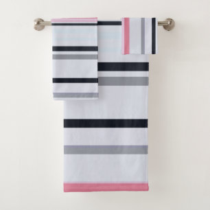 Pink, Black and Gray stripes Bath Towel Set