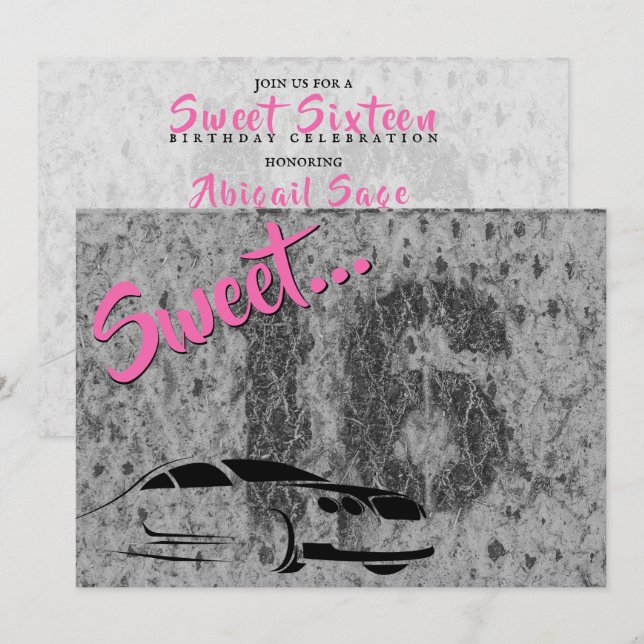 Pink, Black and Grunge with Car Sweet 16 Birthday Invitation (Front/Back)
