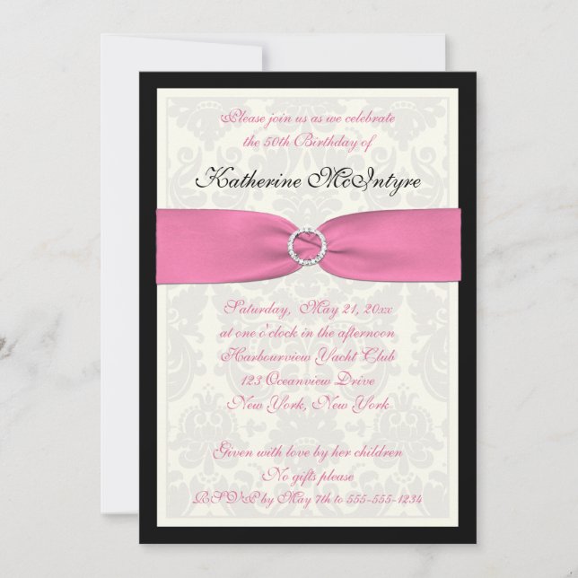 Pink, Black, and Ivory Damask 50th Birthday Invite (Front)